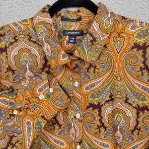 Lands End Top Women 24W Multicolor Paisley Button Up Non Iron Office Career Boho